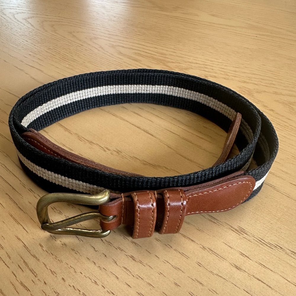 Coach Women’s Natural Linen Black And Cream Stripe Belt w/ Brown Leather Size 36
